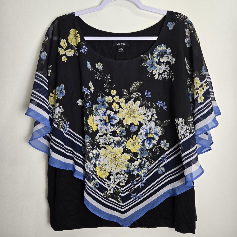 ALYX Floral Artsy Scarf Showl Poncho Style Blouse Top 1X